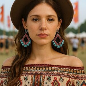 Boho Red & Turquoise Diamond-Shaped Western Earrings – Boho Statement Style
